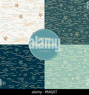 Disegnate a mano Collezione di mare modelli senza giunture con elementi aggiuntivi in diversi colori. Marine modelli senza soluzione di continuità con i coralli. Illustrazione Vettoriale