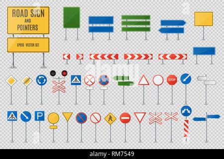 Diversi tipi di cartelli stradali e puntatori vettore realistico Set. Blank cartelli stradali. Illustrazione Vettoriale