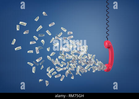 3D rendering di un rosso telefono retrò ricevitore appeso a testa in giù con molti dollar banconote battenti fuori di esso. Foto Stock