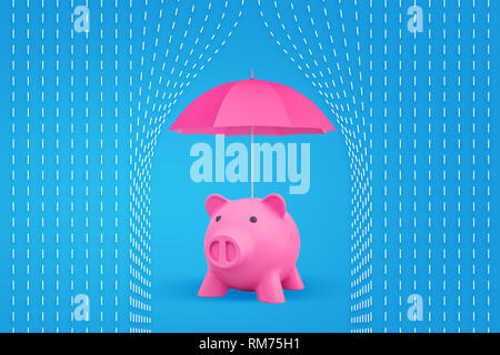 3D rendering di un luminoso salvadanaio in piedi sotto un ombrello aperto che lo protegge dalla simbolica delle gocce di pioggia. Foto Stock