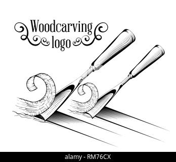 Logotipo di scultura illustrazione con uno scalpello, il taglio di una fetta di legno, stile vintage il logo in bianco e nero incisione isolato. Illustrazione Vettoriale