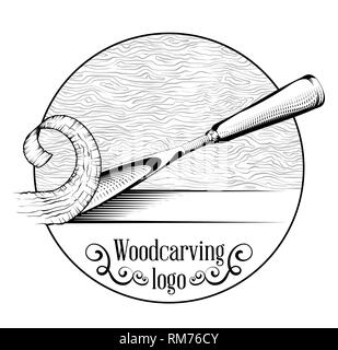 Logotipo di scultura illustrazione con uno scalpello, il taglio di una fetta di legno, stile vintage il logo in bianco e nero incisione isolato. Illustrazione Vettoriale