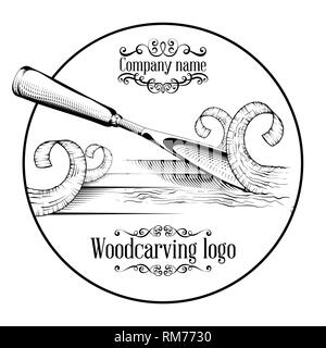 Logotipo di scultura illustrazione con uno scalpello, il taglio di una fetta di legno, stile vintage il logo in bianco e nero incisione isolato. Illustrazione Vettoriale