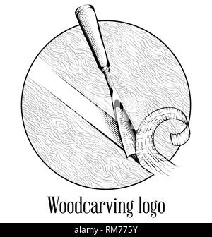 Logotipo di scultura illustrazione con uno scalpello, il taglio di una fetta di legno, stile vintage il logo in bianco e nero incisione isolato. Illustrazione Vettoriale