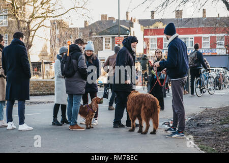 London, Regno Unito - 3 Febbraio 2019: i proprietari di cani in chat con Haggerston Park a Hackney, a est di Londra, Regno Unito. Il parco è un luogo popolare tra la gente del posto e tenere premuto Foto Stock