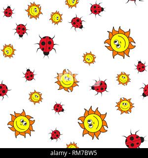 Modello senza giunture di ladybugs e suns in stile cartoon. Su sfondo bianco, illustrazione vettoriale. Illustrazione Vettoriale
