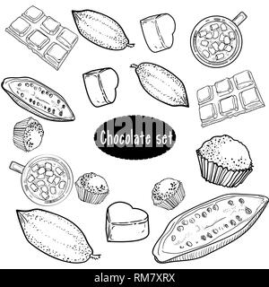 Disegnata a mano insieme di diversi tipi di cioccolato di stile sketch illustrazione vettoriale su sfondo bianco. Barrette di cioccolato, caramelle, fagioli, poroso Illustrazione Vettoriale