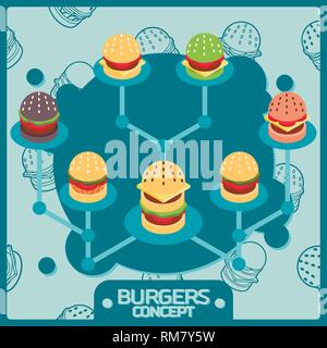 Hamburger Color concetto isometrica Icone. Fast food design set di icone. Illustrazione Vettoriale