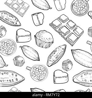 Disegnata a mano modello di diversi tipi di cioccolato stile sketch illustrazione vettoriale su sfondo bianco. Barrette di cioccolato, caramelle, fagioli, poroso Illustrazione Vettoriale