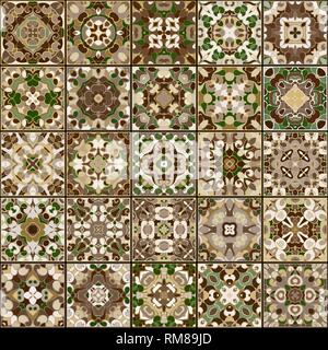 Una collezione di piastrelle in ceramica in colori retrò. Un insieme di modelli di quadri in stile etnico. Illustrazione Vettoriale. Illustrazione Vettoriale