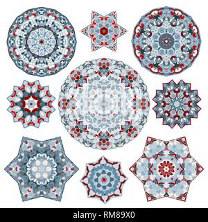 Set di nove abstract elementi circolari. Round mandala colorati. Il modello grafico per il tuo design. Decorativo ornamento retrò. Illustrazione Vettoriale. Illustrazione Vettoriale