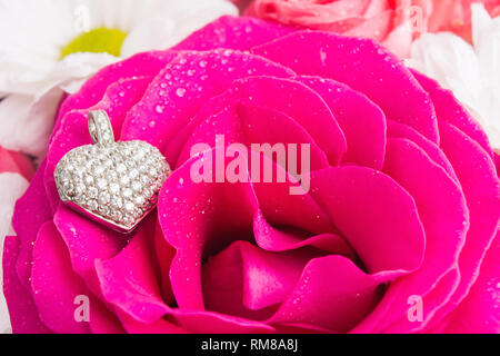 Jewelery cuore pendente di forma sul naturale rose, elegante romantico presente per il giorno di San Valentino di impegno o di compleanno. Il concetto di amore con il flusso naturale Foto Stock