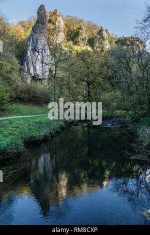 Roccia calcarea formazione (Pickering Tor) accanto al fiume Colomba vicino a Milldale, Dovedale, Parco Nazionale di Peak District, Derbyshire Foto Stock