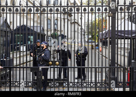 Polizia armata dietro i portoni di 10 Downing Street Londra Foto Stock