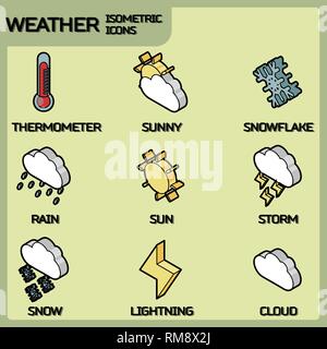 Profilo isometrica Icone, 3D pittogrammi vector set - Meteo colore collezione di simboli Illustrazione Vettoriale
