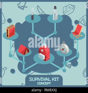 Kit di sopravvivenza di colore concetto isometrica Icone. Illustrazione vettoriale EPS, 10 Illustrazione Vettoriale