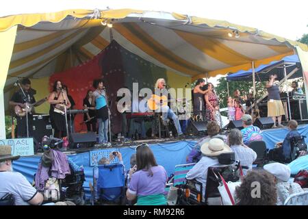 Arlo Guthrie & la Famiglia Band sono mostrati di eseguire insieme sul palco. Foto Stock