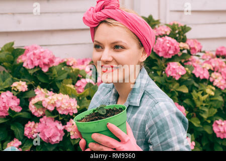 Ortensia. La primavera e l'estate. Fiori di serra. La cura dei fiori e irrigazione. suoli e fertilizzanti. donna felice giardiniere con fiori. donna cura di Foto Stock