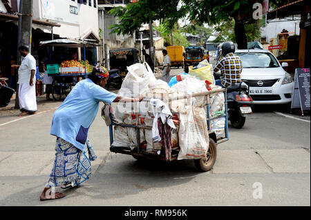 Donna spingendo il camion di immondizia, kochi, Kerala, India, Asia Foto Stock