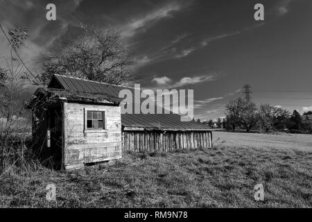 Un vecchio fatiscente non residenziale fienile senza un capannone con un'estensione senza porte e finestre rotte si erge nel mezzo del campo come un remin Foto Stock