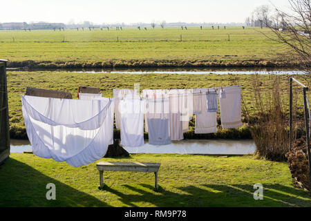 Pulire stendibiancheria nel vento su una linea di lavaggio in una bella giornata di sole in primavera. Situato in un bellissimo e tipico olandese paesaggio piatto con erba Foto Stock