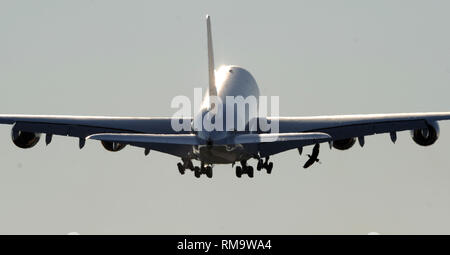 Hamburg-Finkenwerder, Germania. Il 30 ottobre 2009. Un uccello vola passato l'Airbus A380 di Air France KLM come si inizia con l'impianto di Airbus in Hamburg-Finkenwerder, Germania, 30 ottobre 2009. Vettore francese Air France è la prima compagnia aerea europea a mettere un A380 in funzionamento. Un totale di 600 ospiti, 200 da Francia, venne alla cerimonia per la società?s locali. Credito: Marcus Brandt | in tutto il mondo di utilizzo/dpa/Alamy Live News Foto Stock