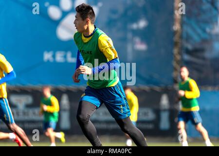 Barcellona, Spagna. Xiv Feb, 2019. Wu Lei di Cina prende parte ad aprire la sessione di formazione del campionato spagnolo team RCD Espanyol di Barcellona, Spagna, il 14 febbraio, 2019. Credito: Joan Gosa/Xinhua/Alamy Live News Foto Stock