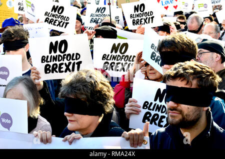 Londra, 14 feb 2019. Centinaia di persone si rivolgono a anti-Brext proteste, accompagnato da un numero minore o pro-Brexit lasciare significa lasciare i manifestanti. No a occhi bendati Brexit protesta in piazza del Parlamento Foto Stock