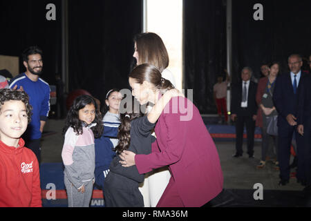 Rabat, Marocco. Xiv Feb, 2019. Regina Letizia di Spagna, Principessa Lalla Meryem del Marocco assiste un incontro con i bambini e con i giovani nella reception e il reinserimento a scuola della seconda opportunità il 14 febbraio 2019 in Sale-Rabat, Marocco.La spagnola Royals sono su di una visita di due giorni in Marocco Credit: Jack Abuin/ZUMA filo/Alamy Live News Foto Stock