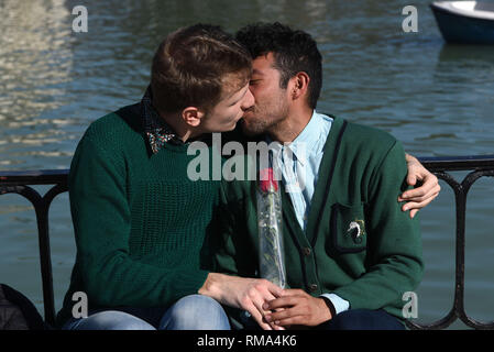 Madrid, Madrid, Spagna. Xiv Feb, 2019. Due uomini sono visto baciare presso il Parco del Retiro di Madrid durante il giorno di San Valentino.Il giorno di San Valentino è riconosciuto come una celebrazione di amore e romanticismo in molte regioni del mondo. Credito: John Milner/SOPA Immagini/ZUMA filo/Alamy Live News Foto Stock