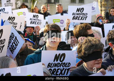 Londra, Regno Unito. Xiv Feb, 2019. Blind piegato manifestanti hanno visto con cartelli durante la protesta.centinaia di voto popolare sostenitori indossavano blindfolds presso la piazza del Parlamento in vista del dibattito in Aula di Commons protestando che la trattativa Brexit fornirebbe alcuna chiarezza e nessuna chiusura del Regno Unito circa le future relazioni con l'Europa. Credito: Dinendra Haria/SOPA Immagini/ZUMA filo/Alamy Live News Foto Stock