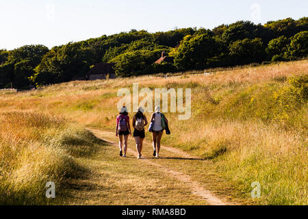 Brighton, Regno Unito - Giugno 2018 Tre ragazze camminando sul percorso Greenfield sulla giornata di sole. Persone che passano attraverso il sentiero erboso della fattoria di campagna. Il verdeggiante T Foto Stock