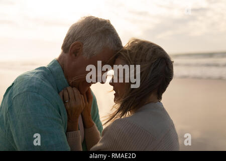 Attivo coppia senior che abbraccia ogni altro sulla spiaggia Foto Stock