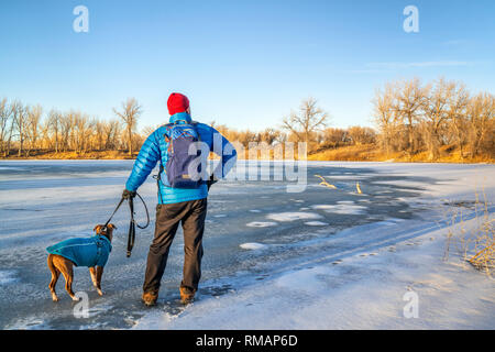 Senior escursionista maschio con un pitbull cane ama il tramonto sulla riva di un lago ghiacciato Foto Stock