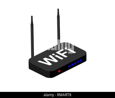 Black wireless router wi-fi con antenna nero. Isometrica design moderno. Illustrazione Vettoriale. Illustrazione Vettoriale