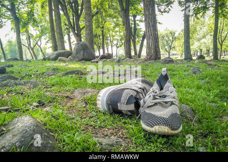 Scarpe mantenuto su erba in una zona forestale Foto Stock