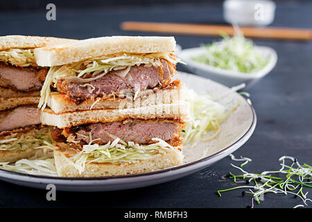 Sando Katsu - cibo giapponese di tendenza in sandwich con carne di maiale impanato chop, cavolo e il tonkatsu salsa. La cucina giapponese. Foto Stock