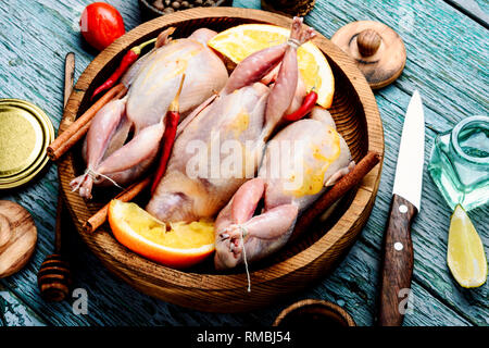 Crudo fresco quaglie e gli ingredienti nel vassoio sul tavolo della cucina Foto Stock