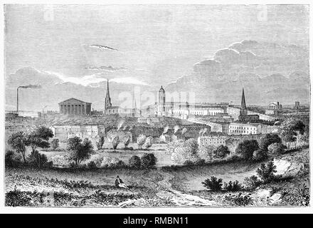 Una vista panoramica di Birmingham, Inghilterra nel XIX secolo in cui il municipio e la Cattedrale Chiesa di San Filippo, sono visibili nello skyline della citta'. Birmingham, la seconda più grande città in Inghilterra, iniziò come un villaggio sassone, ma dal XIX secolo la sua industria era dominato dalla lavorazione dei metalli. Ci sono state grandi gioiellieri e armaioli e i lavoratori della città ancora chiodi, ottone beni (come lettiere), dadi e bulloni, viti, pulsanti, i pennini e giocattoli. grandi beni quali carrozze ferroviarie sono state realizzate e la fabbricazione del vetro è stata anche un importante settore. Foto Stock