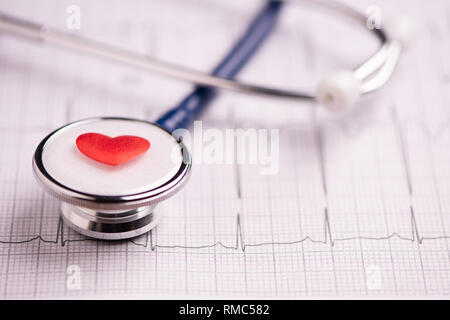 Uno stetoscopio in ECG sul referto medico close up Foto Stock