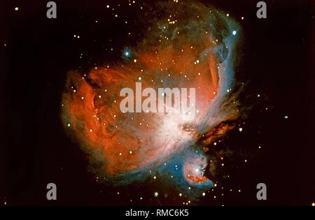 La nebulosa di Orione (M42) consiste di collasso di nubi di gas e polvere di un gigantesco messa nella costellazione di Orione, il cacciatore. In esso la nebbia segna la spada di Orione appeso alla sua cintura. Il centro della nebulosa di Orione, noto come il trapezio, si illumina con il bagliore verde di ossigeno ionizzato. A distanza di quasi 1600 anni-luce, Nebulosa di Orione è considerata il luogo di nascita di nuove stelle. Foto non datata, probabilmente negli anni ottanta. Foto Stock