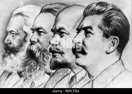 Illustrazione di Karl Marx, Friedrich Engels, Vladimir Ilyich Lenin e Josef Stalin, il cosiddetto "quattro pilastri del marxismo". Foto Stock