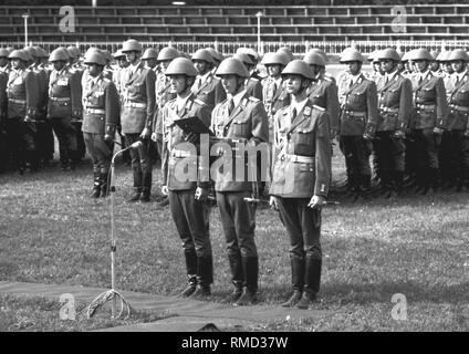 Cerimoniale militare in occasione del giuramento dei laureati dell'Offiziershochschule "Ernst Thaelmann' delle Forze terrestri di l'esercito popolare nazionale (NVA) del GDR in Loebau, per la lettura del modulo del giuramento. Foto Stock