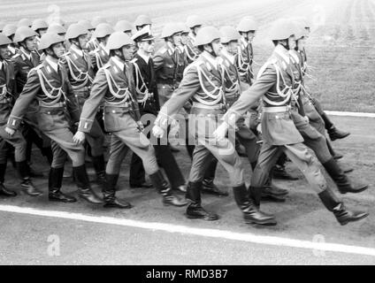 Cerimoniale militare in occasione del giuramento dei laureati dell'Offiziershochschule "Ernst Thaelmann' delle Forze terrestri di l'esercito popolare nazionale (NVA) del GDR in Loebau. Foto Stock