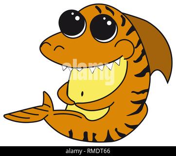 Tiger Shark con grandi occhi. Cartoon divertente personaggio isolato fron l'oceano. Stampa di mare per i vestiti, tazze, poster. Biglietto di auguri con un simpatico arancione Illustrazione Vettoriale
