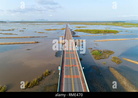 Vista aerea del Drone shot del ponte(Ekachai bridge)colorato ponte stradale di attraversare il lago a Talay Noi lago nella provincia Phatthalung Thailandia. Foto Stock