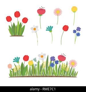 Fiori di Primavera in crescita nel giardino. Tulipani, narcisi e altri fiori Illustrazione Vettoriale