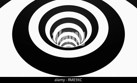 Animata tunnel ipnotico con il bianco e nero delle piazze. Striped illusione ottica tridimensionale wormhole geometrica modello di forma grafica in movimento Foto Stock