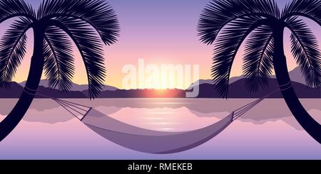 Amaca tra due palme al tramonto sul mare illustrazione vettoriale EPS10 Illustrazione Vettoriale