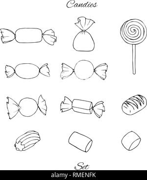 Disegnato a mano set di vettore con canditi, marshmallows, caramello e lollipop isolato su uno sfondo bianco. Vacanze elementi di decorazione. Illustrazione Vettoriale